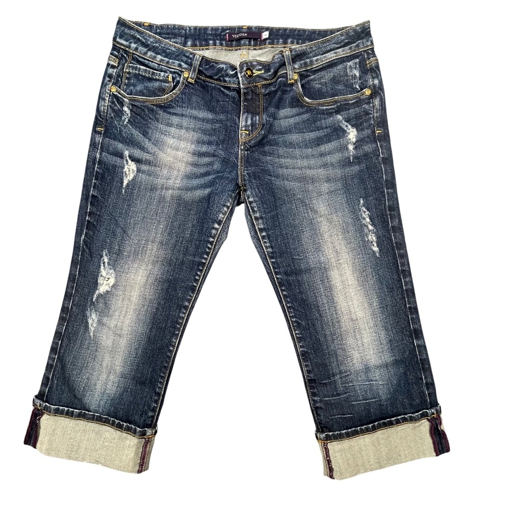 Vigoss Blue Denim Distressed Cuffed Capri Jeans Womens Size 11
